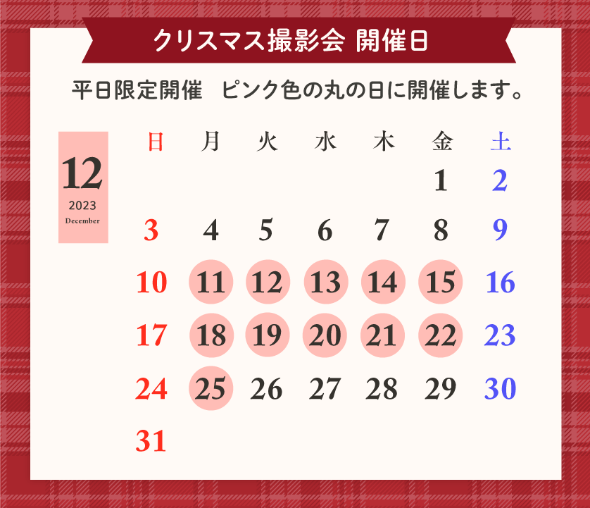 クリスマス撮影会　開催日カレンダー