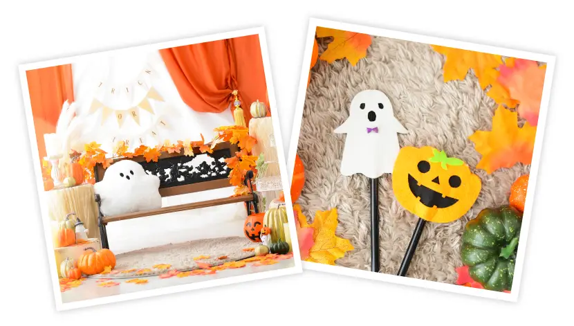 秋色のアンティークな雰囲気のハロウィンのフォトブース"