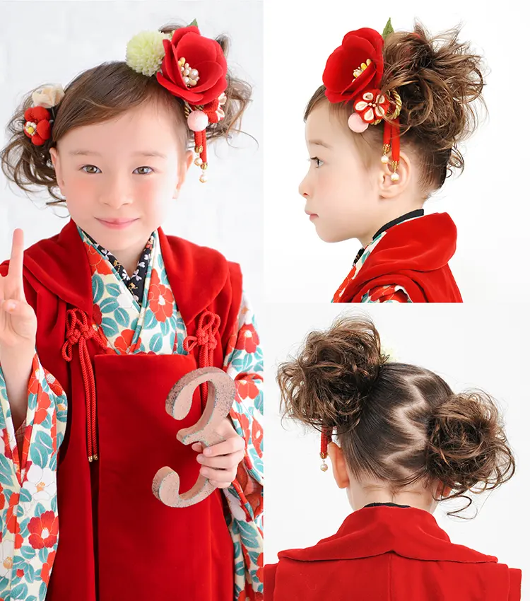 3歳七五三 薄毛でも可愛いふわふわアシンメトリーツインお団子