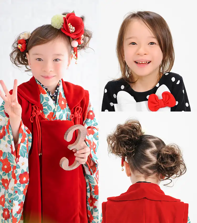 ３歳七五三　薄毛でも可愛いふわふわアシンメトリーツインお団子