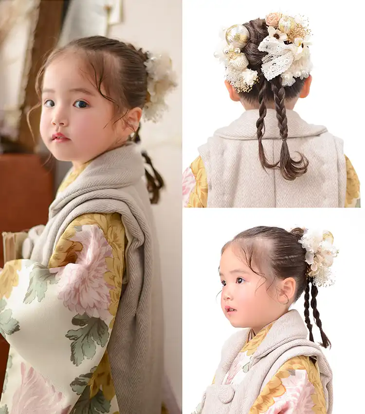 ３歳七五三　薄毛でも可愛いトリプルタイトポニー