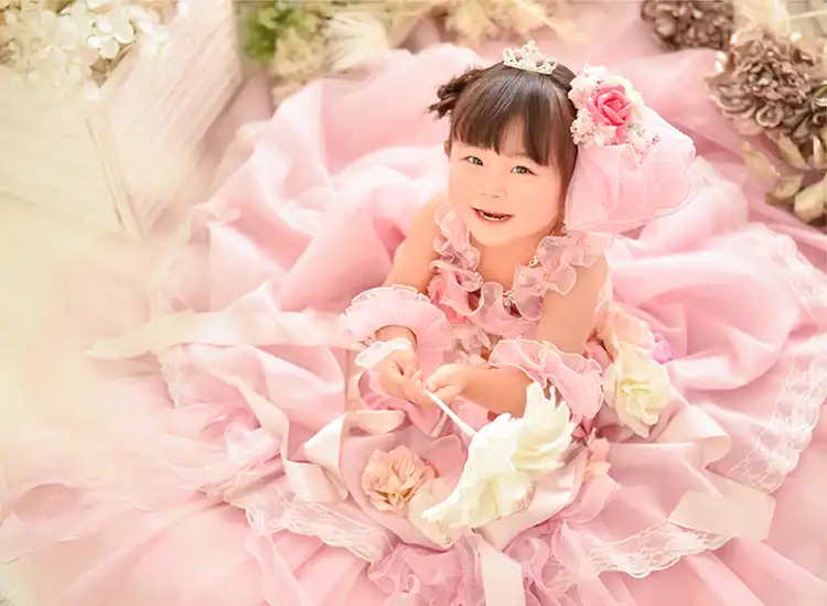 ３歳七五三　薄毛でも可愛い王道ツインお団子ドレス