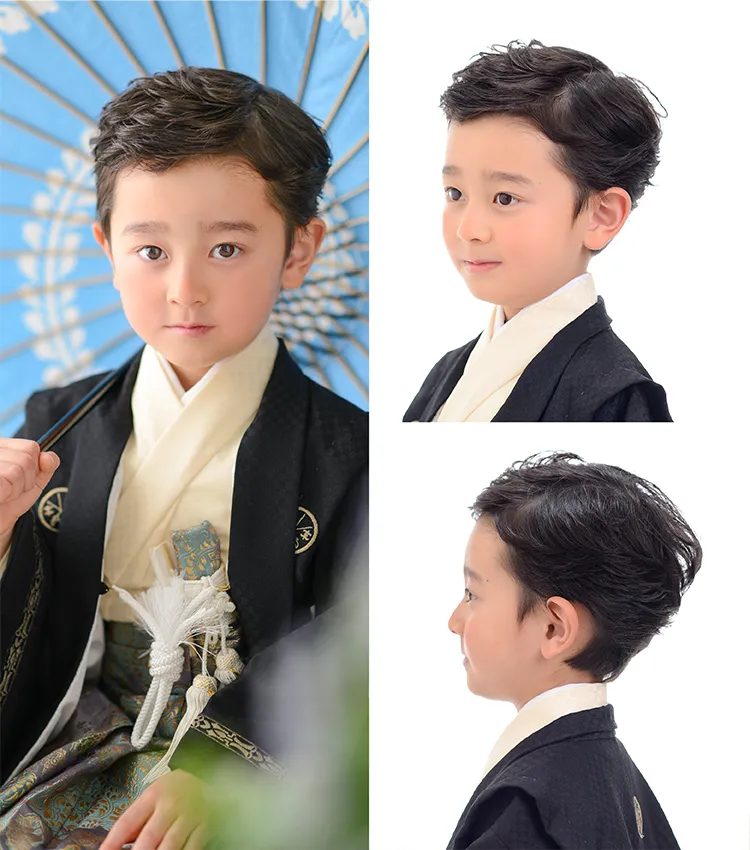 七五三５歳男の子におすすめの髪型フェザーパーマ風かき上げサイドパート