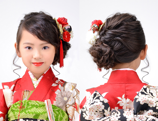 7歳女の子の七五三向け髪型和風サイドシニヨン
