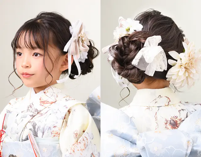 七五三女の子の髪型ふわふわ甘めのサイドお団子ヘア